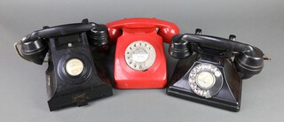 A black Bakelite dial telephone the base marked GPO.PL 3G/234 no.62L, a black Bakelite internal phone hand receiver marked 184.48, a red dial telephone the base marked 8746G DFM 82/2 