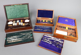 A Victorian mahogany and brass banded box containing a geometry set and various paints, the lid marked Negretti & Zambra 6cm h x 20cm w x 16cm d together with an inlaid rosewood ditto with hinged lid (some inlay missing) and 1 other (3) 