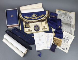 A Masonic Scottish Constitution Past Masters apron and sash Kelvin Patrick Lodge no.1207 and various certificates, cased 