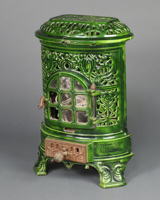 A French Art Nouveau green enamelled oval shaped solid fuel stove, the lid marked Lent Moyne Bif No.450 63cm h x 43cm w x 30cm d 
