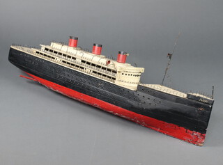 A wooden model of "The Queen Mary" 33cm h x 122cm w x 19cm d 