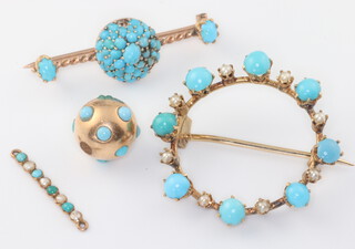 A yellow metal seed pearl and turquoise brooch, a ditto and 2 pendants 