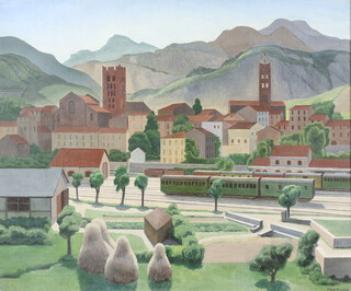 Edgar Hereford, oil on canvas, stylish European village scene with distant mountains 62cm x 74cm 