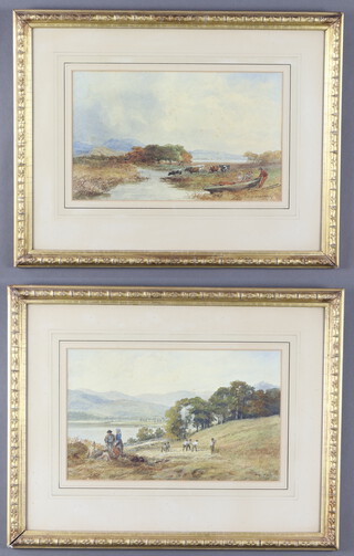 Henry John Holding 1872, watercolours a pair, a rural scene with cattle in a stream with distant hills 23cm x 37cm and a harvesting scene 22cm x 37cm 