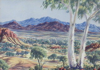 Oscar Namatjira (1922-1991), watercolour, extensive Australian landscape with distant hills 25cm x 35cm 