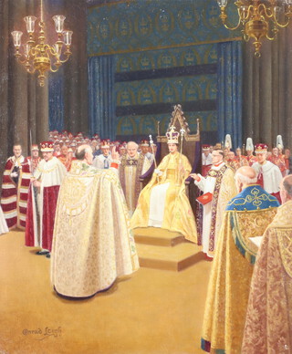 Conrad Leigh (1883-1958), oil on canvas signed, "The Archbishop of Canterbury Giving The Benediction After Crowning The Queen" unframed  61.5cm x 51cm 