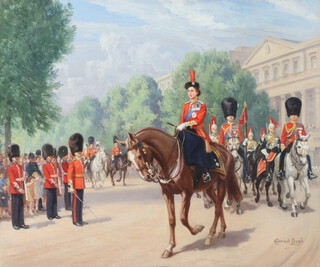 Conrad Leigh (1883-1958), oil on canvas signed, "Trooping The Colour, The Royal Procession" unframed 51cm x 61cm 