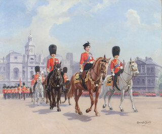 Conrad Leigh (1883-1958), oil on canvas signed, "HM The Queen at the Head of the Guards after the Ceremony of Trooping The Colour", unframed 51cm x 61cm  