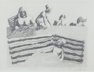 **Mick Rooney, born 1944, pencil drawing signed and dated '76, "Beach Windbreak" label on verso 28cm x 38cm **Please note: Artists Re-sale Rights may be payable on this lot 
