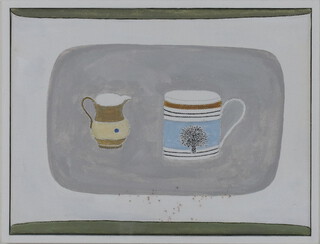 **Rachel Nicholson born 1934, acrylic on canvas, "Still Life with Two Green Stripes" 2014, inscribed on verso and signed on verso 18cm x 24cm **Please note: Artists Re-sale Rights may be payable on this lot 