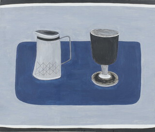 **Rachel Nicholson born 1934, acrylic on canvas "Black Glass and Grey Jug on Blue" 1979, inscribed on verso, 26.5cm x 32cm **Please note: Artists Re-sale Rights may be payable on this lot 