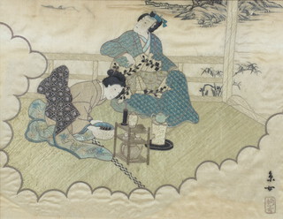 Early 20th Century Japanese silk embroidery of figures making tea on a pavilion terrace, embroidered signature 33cm x 43cm 