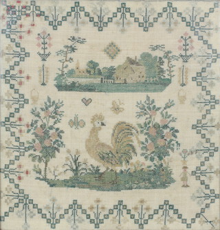 19th Century sampler depicting a cockerell and a country house in a formal floral border with figure, trees and insects 31cm x 31cm 