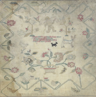 A 19th Century sampler with verse, angels, deer, birds, flowers in a border of formal scrolling flowers 32cm x 32cm 