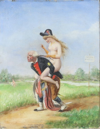 19th Century French oil on board unsigned, a naked lady riding on a Frenchman's back wearing his hat with a distant naked figure in the background, with distant  river, 26.5cm x 21cm 
