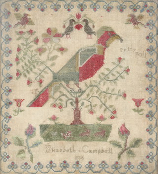 19th Century sampler by Elizabeth Campbell 1836, depicting a bird amongst trees in a formal floral border with birds and flowers 26cm x 24cm 