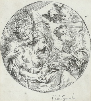 17th Century etching after Carlo Cignani "Magdalene in Penitence", circular study, Colnaghi & Co label on verso 14cm x 13cm,  