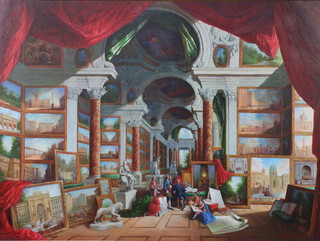 In the manner of Giovanni Paolo, 20th Century oil on canvas indistinctly signed, interior study of an 18th Century painters studio 90cm x 120cm 