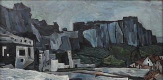 William George Denley-Hill (1906-1994), oil on board, atmospheric townscape with distant cliffs 60cm x 120cm 