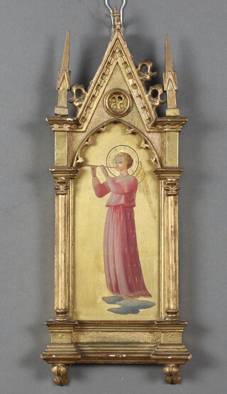 17th Century Italian oil on arched panel, angel blowing a horn standing on clouds, contained in a gilt gothic frame flanked by columns 23cm x 10cm 