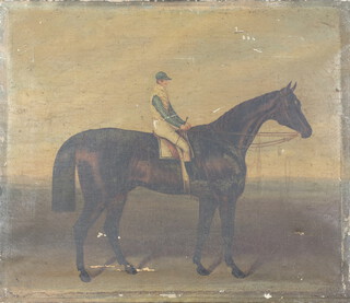 Naive 18th Century oil on canvas of a jockey on race horse, unsigned and unframed 41cm x 48cm 

