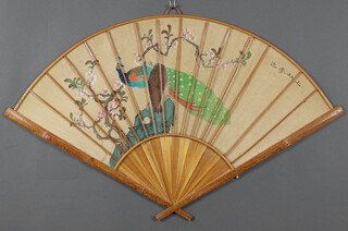 20th Century Japanese study of birds amongst flowers contained in a bamboo faux fan shaped frame 50cm x 87cm 