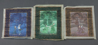 A 19th Century Indian painting on silk of figures in a moonlit wood, ditto of figures beneath a tree and another of figures beneath a tree, all 30cm x 25cm and unframed 