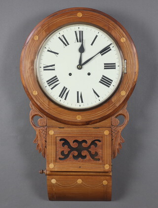 A Continental drop dial striking wall clock with 29cm painted dial, Roman numerals, contained in an inlaid mahogany case 43cm (complete with pendulum and key)  