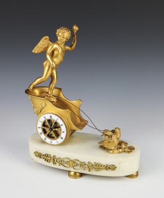 Gustav Becker, a timepiece with 6cm enamelled dial, Roman numerals, contained in a gilt metal case in the form of a chariot surmounted by a cherub with torch, raised on an oval white marble base, the back plated marked GB541 710, 28cm h x 23cm w x 10cm d  