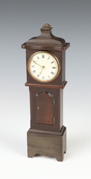 A miniature mahogany longcase clock containing an 18th Century pocket watch movement, the reverse of the clock bearing a part watch case engraved Rundell Bridge and Rundell London no.4457 and with hinged compartment to the reverse 22cm  