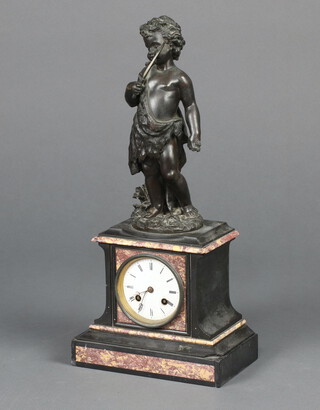 A striking mantel clock the 8cm enamelled dial with Roman numerals contained in a black and purple veined marble case surmounted by a bronze figure of cupid marked Boyes 44cm x 21cm x 12cm d 