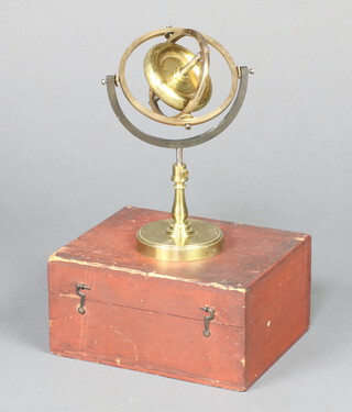 A Newton and Co. lacquered brass demonstration gyroscope, the base marked Newton and Co Opticians and Globemakers to The Queen, 3 Fleet Street, Temple Bar, London, contained in a pine box with hinged lid fitted 2 weights, 2 adjustment screws and polished steel spike