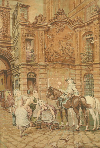 A French 19th/20th Century machine made tapestry panel depicting a building with horseman and serving girls within a courtyard, 142cm x 98cm, contained in a carved oak frame 