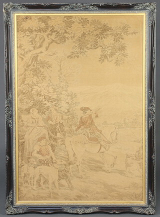 A pair of 19th/20th Century faded machine made tapestries depicting hunting scenes  contained in ebonised frames 133cm x 90cm 