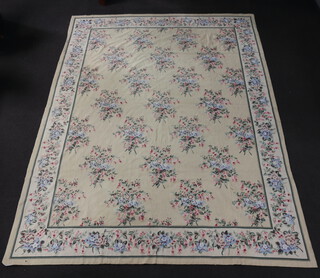 A cream ground Aubusson style rug/panel decorated fuschias, 357cm x 264 