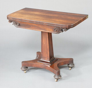 A William IV rosewood card table, raised on a square column and triform base, bun feet, 74cm h x 90cm w x 46cm d 