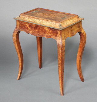 A Victorian rectangular inlaid and crossbanded figured walnut jardiniere stand, complete with metal liner, raised on cabriole supports with gilt metal mounts 76cm h x 61cm w x 39cm d 