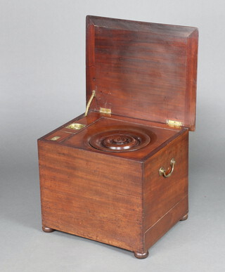 A Victorian mahogany flush commode with hinged lid (no liner), raised on bun feet 46cm h x 58cm w x 47cm d 