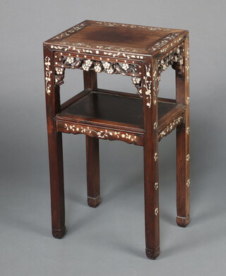 A 19th Century rectangular inlaid and carved rosewood 2 tier occasional table/urn stand, raised on square tapered supports 80cm h x 43cm w x 32cm d 