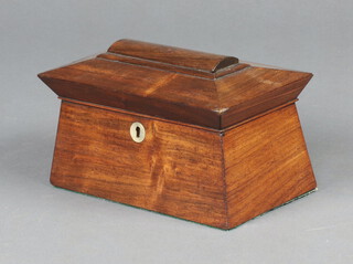 A Victorian rosewood tea caddy of sarcophagus form with hinged lid and mother of pearl escutcheon 12cm h x 35cm w x 13cm d 