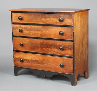 A 19th Century mahogany chest of 4 long drawers with ebonised tore handles, raised on bracket feet 108cm h x 120cm w x 47cm d 