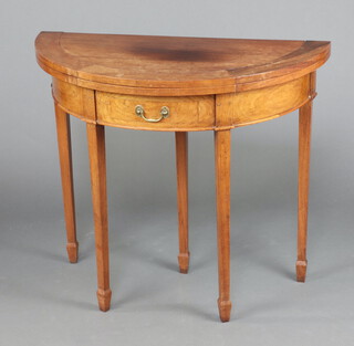 A Georgian style oval hardwood card table fitted a drawer with brass swan neck drop handles, raised on square tapered supports, spade feet 79cm h x 92cm w x 45cm d 