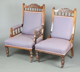 A Victorian show frame mahogany open armchair with bobbin turned decoration, upholstered in blue material with bobbin turned decoration, raised on turned supports 102cm h x 64cm w x 61cm d, together with a nursing chair 97cm h x 55cm w x 33cm d  