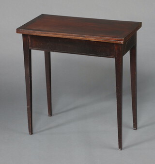 A 19th Century rectangular mahogany card table on square tapered supports 73cm h x 69cm w x 36cm d 