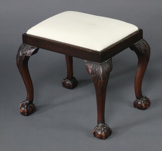 A Georgian style rectangular stool with upholstered drop in seat, raised on cabriole ball and claw supports 45cm h x 53cm w x 43cm d 