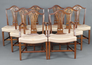 A set of 8 19th/20th Century mahogany Hepplewhite style camel back dining chairs with pierced vase shaped slat backs and overstuffed buttoned back saddle style seats, raised on square tapered supports, comprising 2 carvers 94cm h x 58cm w x 46cm d and 6 standard 95cm h x 55cm w x 42cm  