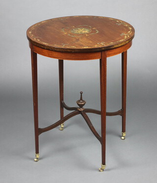 An Edwardian circular Sheraton revival painted mahogany occasional table decorated musical trophies, raised on square tapered supports with X framed stretcher 75cm h x 75cm w x 61cm d 