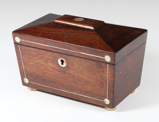 A Victorian rosewood and inlaid mother of pearl twin compartment tea caddy of sarcophagus form, on replacement  turned feet, 11cm h x 19cm w x 11cm d 