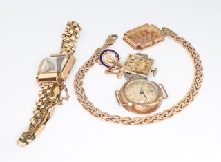 A lady's 9ct yellow gold wristwatch on a gilt strap together with a 9ct yellow gold bracelet 18cm, 2 pins and a 9ct yellow gold wristwatch, weighable gold 8.4 grams 
