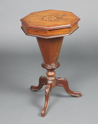 A Victorian octagonal inlaid walnut work box of conical form raised on tripod feet 69cm h x 41cm w x 41cm d 